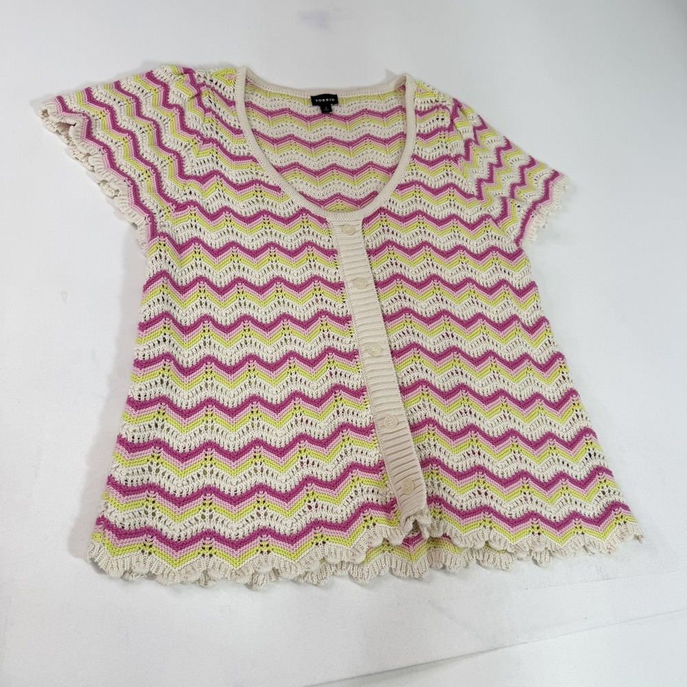 Torrid Cardigan Womens 2X Cream Pink‎ Green Crochet Chevron Knit Short Sleeve